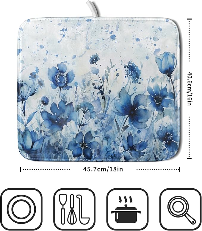 Giwawa Blue Floral Dish Drying Mat for Kitchen Counter Watercolor Leaves Dishes Drainer Rack Mat Absorbent Microfiber Dish Draining Pad 16x18 Inch