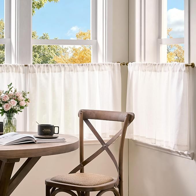 jinchan Linen Kitchen Tier Curtains, 38x24, 2 Panels, Beige White | Light filtering, linen blend, rod pocket, farmhouse style, rustic decor, kitchen, bathroom, laundry room, RV, small windows