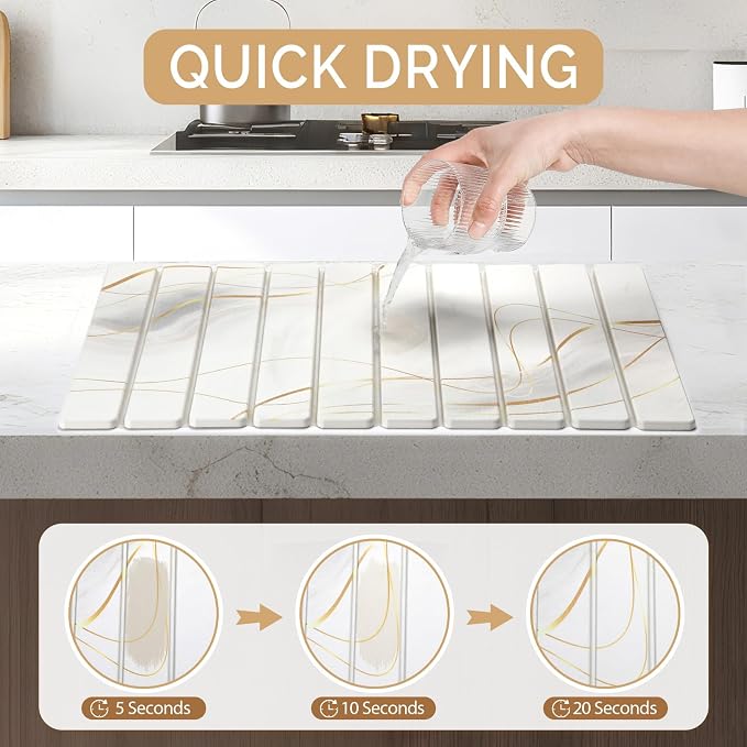 Large Stone Drying Mat for Kitchen Counter&Bathroom, Quick Dry Stone Dishes/Bathroom Mat, Foldable Drying Organizer Pad Suitable for Plate Rack Utensils, Apartment Essentials Decor(White Gold 24"×16")