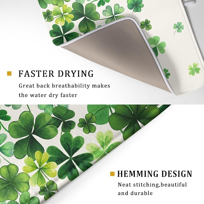 Happy St. Patrick's Day Dish Drying Mat for Kitchen Green Kitchen Dish Drying Mat for Dishes Spring Lucky Clover Shamrock Drying Mats 18x24 Inch Absorbent Reversible Dish Pad for Countertop Coffee Bar