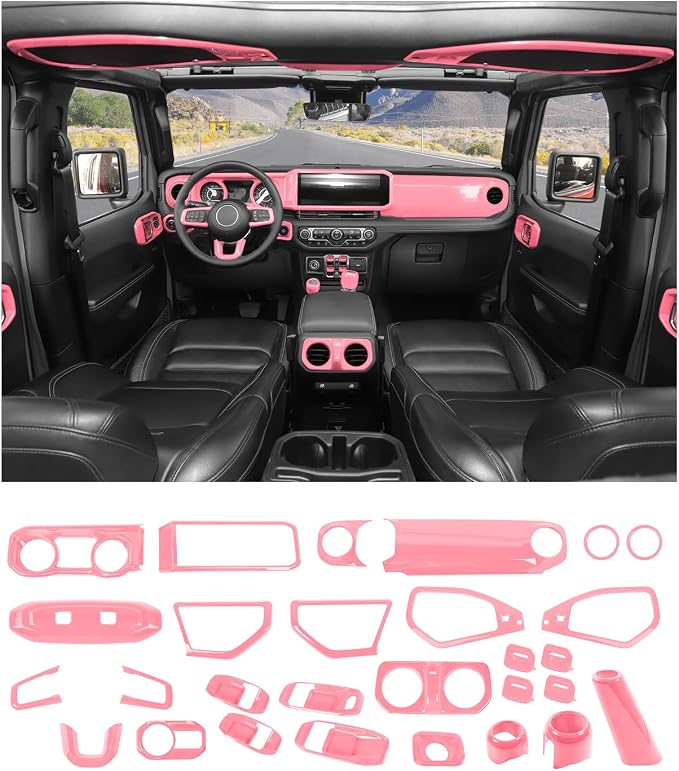 JWWY Interior Trim Kit Dress-Up Kit Decor Set Center Console Gear Shift Dashboard Panel,Door Window Switch Knob Speaker Cover Trim for 2024–2026 Jeep Wrangler JL JLU & Gladiator JT Pink 28pcs
