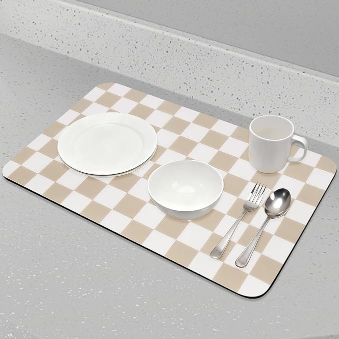 CooRug Checkered Dish Drying Mat, 16" x 24", Beige | Absorbent, Leak-Proof, Non-Slip, Heat Resistant, For Kitchen Counter & Coffee Bar, Eco-friendly Materials, Easy to Clean