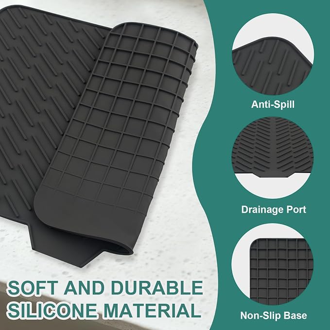 Silicone Dish Drying Mat 23x17,Food-Grade Silicone,Easy Clean Pad for Countertop Protection,Heat Resistant,Easy Clean,Non-Slip Drain Pad with Built-in Drain,Multi-Functional Use,Black