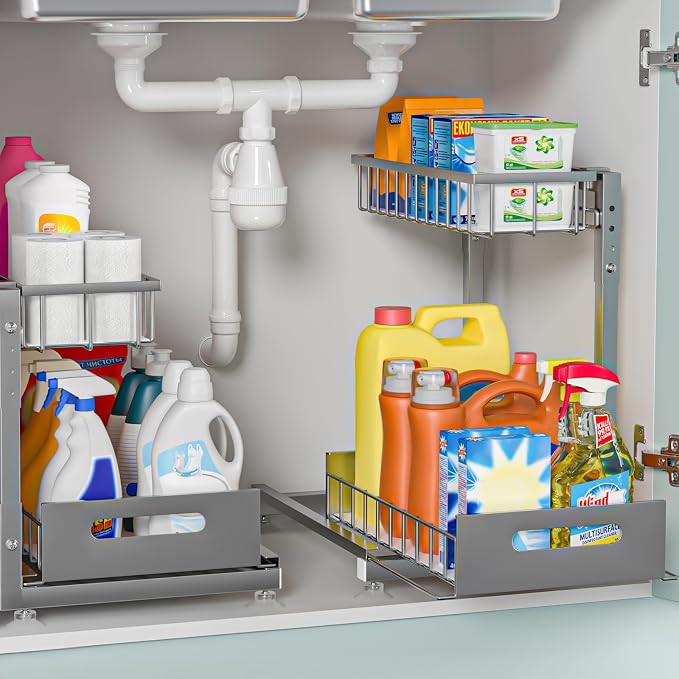 Saydear 2-Pack L-Shaped Under Sink Organizer, 2-Tier Pull-out Cabinet Rack | Grey Height-Adjustable Steel Rack, Sliding Grid Drawers with PP Liners, Holds 100 Lbs, Suction Base, Ideal Kitchen Storage