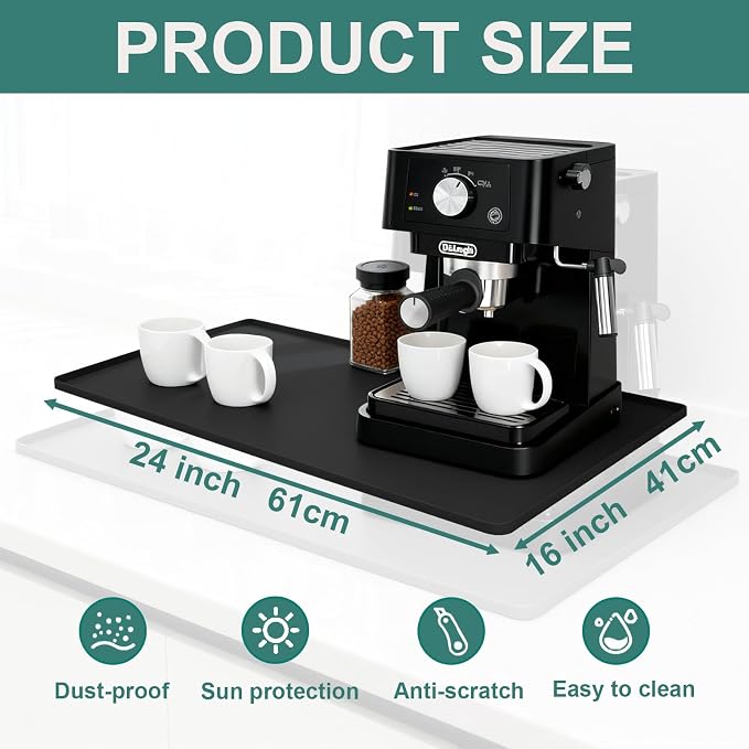 Silicone Coffee Mat, 24"X16" Heat-Resistant,Eco-friendly,Hygienic Drying Pad,Leak-Proof and Non-Slip,Removable Silicone Mat with Concave and Convex Design,（Black 24X16）