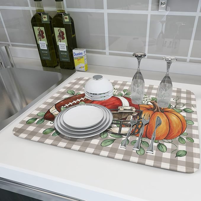 Fall Dish Drying Mat for Kitchen Counter Football Pumpkin Microfiber Absorbent Dish Draining Reusable Washable Foldable Extra Large 18"x24"