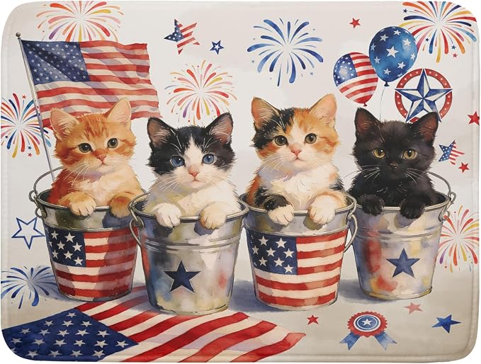 Vintage Patriotic Dish Drying Mat Cute Cats American Flag Drying Matt Kitchen Counter for Home Decor
