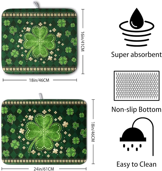 St Patricks Day Drying Mat for Kitchen Counter Shamrock Dish Drying Mats Lucky Clovers Green Plaid Dish Dryer Pad Absorbent Reversible Dish Drainer Rack Mat Kitchen Accessories 16x18 Inch