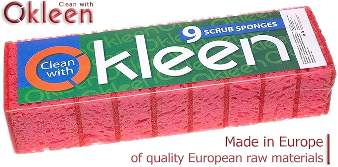Pink Multi Use Scrub Sponges. Made in Europe. 9 Pack, 4.3x2.8x1.4 inches. Odorless Heavy Duty & Non Scratch Fiber. Durable and Delicate Scrubber for Kitchen & Bathroom, Housekeeping & Outdoors