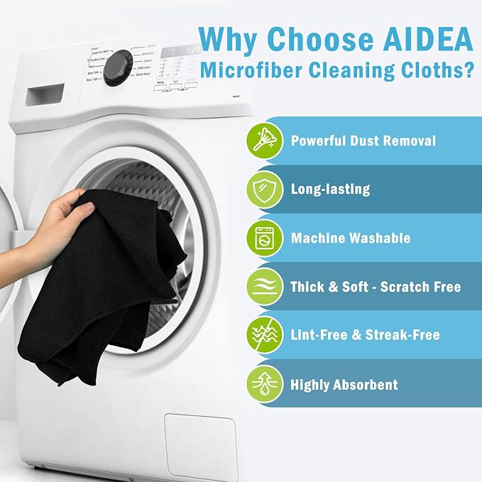 AIDEA Black Microfiber Cleaning Cloth-100PK, Reusable Cleaning Rags 12"x16" | Microfiber Towels for Cars Lint Free, Absorbent Microfiber Towels, Kitchen Towels, Dish Rags, Bulk Cleaning Towels for Home