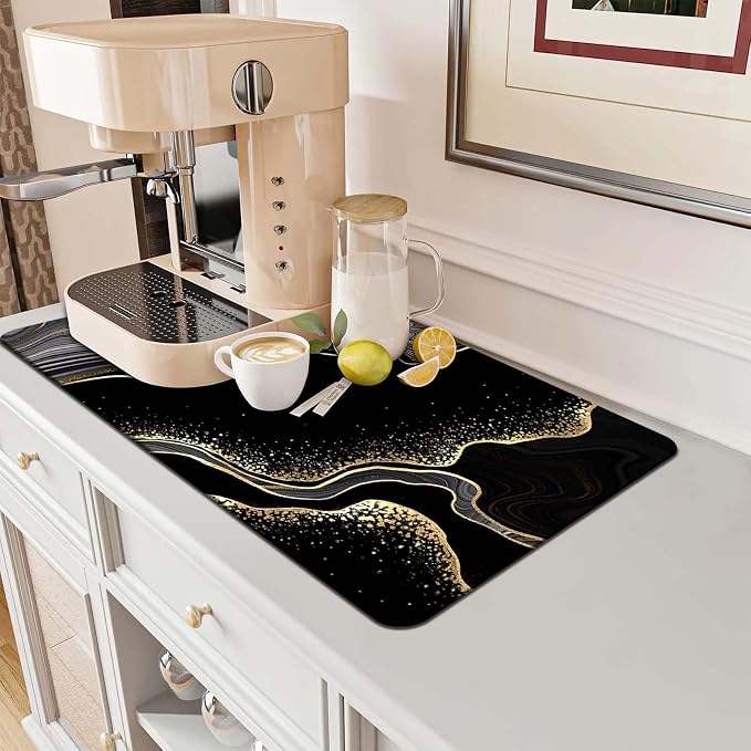 MCALK Marble Black Dish Drying Mat for Kitchen Counter, Marble Texture Dish Drying Pad with Anti-Slip Rubber Base, Absorbent Kitchen Sink Mat with Modern Art Decor (1 pc 18" x 16")