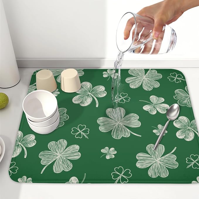 St Patrick's Day Dish Drying Mat 16 x 18 Inch Green Shamrock Dish Drainer Rack Mat Absorbent Microfiber Mats for Spring Lucky Clovers Dish Pad for Kitchen Coffee Bar Decor