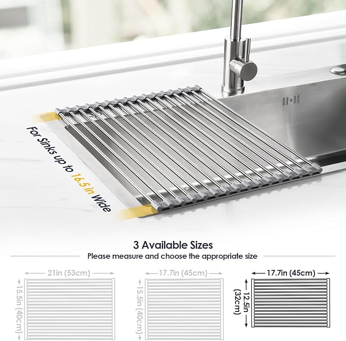 Tomorotec 17.7" x 12.5" Roll Up Dish Drying Rack Over Sink Drying Rack Sink Cover Kitchen Sink Accessories Gadget Multipurpose Organizer Foldable Stainless Steel Drainer