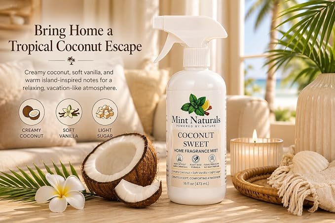 Natural Coconut Room Spray & Odor Eliminator, Creamy Coconut, 16oz | Creamy Coconut Fragrance Mist, Plant-Based, Non-Toxic, Home Office Car Bathroom, Made in USA by Mint Naturals