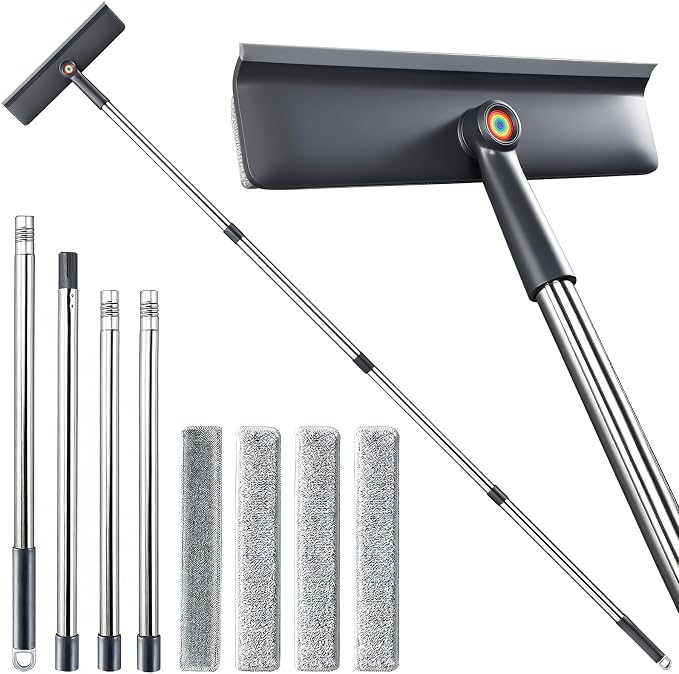 3-in-1 Window Squeegee for Home - 60" Window Cleaning Kit with 3 Microfiber Cloths & Screen Brush, All-in-1 Cleaner Tool for Outdoor Windows, Glass Door & Screens, Lightweight & Easy Storage