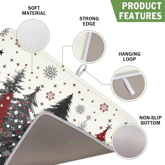 Christmas Gray Red Tree Dish Drying Mat 16x18 Inch Xmas Snowflake | Winter，Polyester，Absorbent Microfiber，for Kitchen Coffee Dining Bar Decor