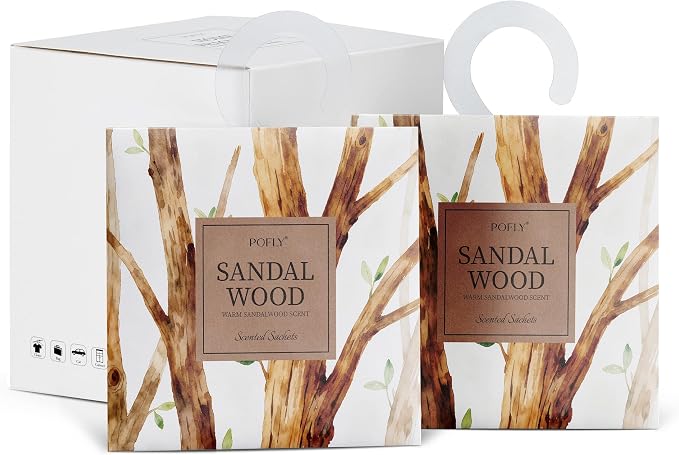 12 Pack Sandalwood Scented Sachets, Air Freshener for Small Spaces | Hanging Sachet Bags with Retractable Hook; Closet Deodorizer & Odor Eliminator for Drawers, Shoe Cabinets, Cars & Luggage