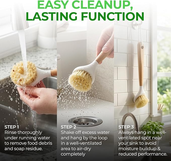 AIRNEX Wooden Dish Brush Set of 2 - Dish Brush with Handle Made of Wood & Sisal Bristles, Non Scratch Kitchen Scrub Brush for Dishes, Pots & Pans, Dish Scrubber with Plastic Free Bristles