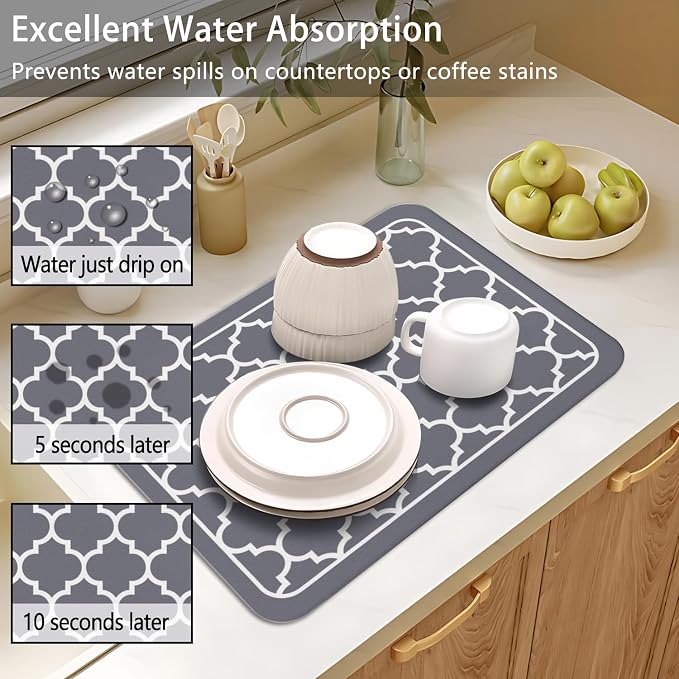 Dish Drying Mat 2-Pack in Grey Quatrefoil for Kitchen Counter Dishes Mat | Diatom Mud Mats (18x24, 19.5x12"). Non-slip rubber back for kitchen counter, coffee bar & sink scenes