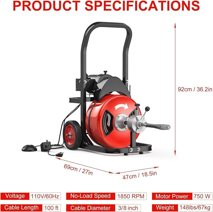 100Ft 3/4 Inch Drain Cleaning Machine. Sewer Snake 750w Auto Feed with 6 Cutter, Portable Drain Cleaning Machine Electric Drain Auger Sewer Auger Air-Activated Foot Switch for 4" to 8" Pipes