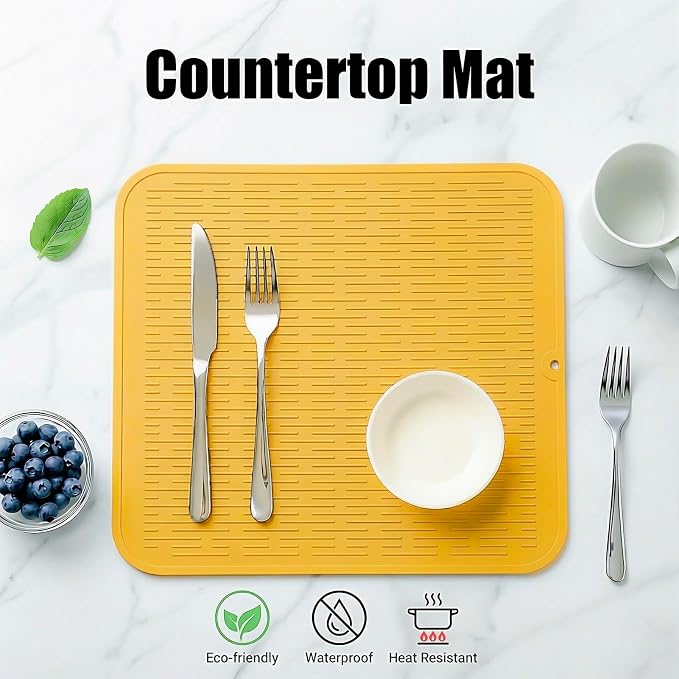 MicoYang Silicone Dish Drying Mat for Multiple Usage,Easy clean,Eco-friendly,Heat-resistant Silicone Mat for Kitchen Counter or Sink,Refrigerator or Drawer Liner Yellow XL 18 inches x 16 inches