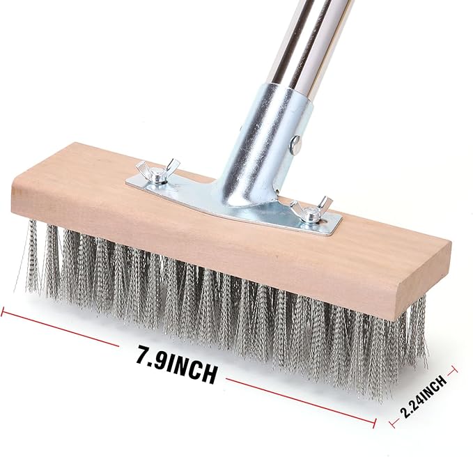 Stainless Steel Wire Scrub Brush with 63" Long Handle, 2PCS 8" Brush Heads, Heavy Duty Large Wire Brush, Stiff Metal Bristle Floor Scrubber, Patio Floor Cleaning, Wire Broom for Concrete, Deck, Moss