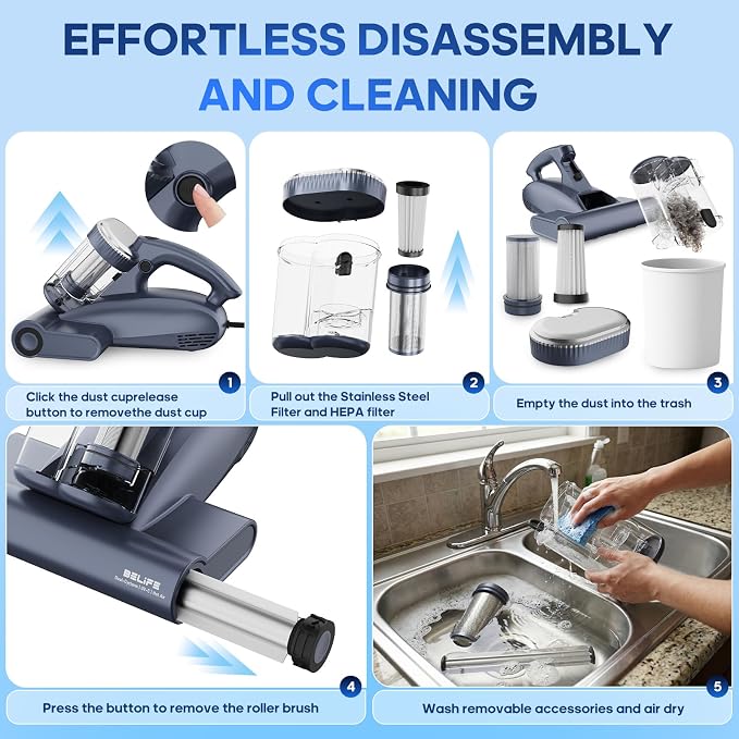 Belife M11 Mattress Vacuum Cleaner with UV & Hot Air for Deep Cleaning | 18Kpa 550W Bed Vacuum with HEPA Filter, Powerful Strong Suction Handheld Couch Cleaner for Sofa Pillows Dust Pet Hair, Corded