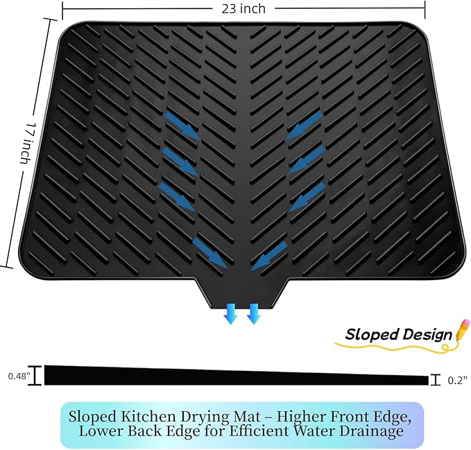 Silicone Drying Mat, 23"X17" With Built-in Drain Lip,Heat-Resistant,Eco-friendly,Hygienic Drying Pad,Leak-Proof and Non-Slip,Silicone Dish Drying Mat for Kitchen Counter or Sink（Black 23X17）