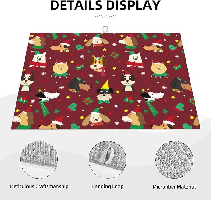 Red Christmas Puppy Dog Dish Drying Mat 18 x 24 Inch for Kitchen Counter Cute Kitchen Mat Microfiber Kitchen Countertop Absorbent Reversible Drainer Rack Pad Dish Drying Mat