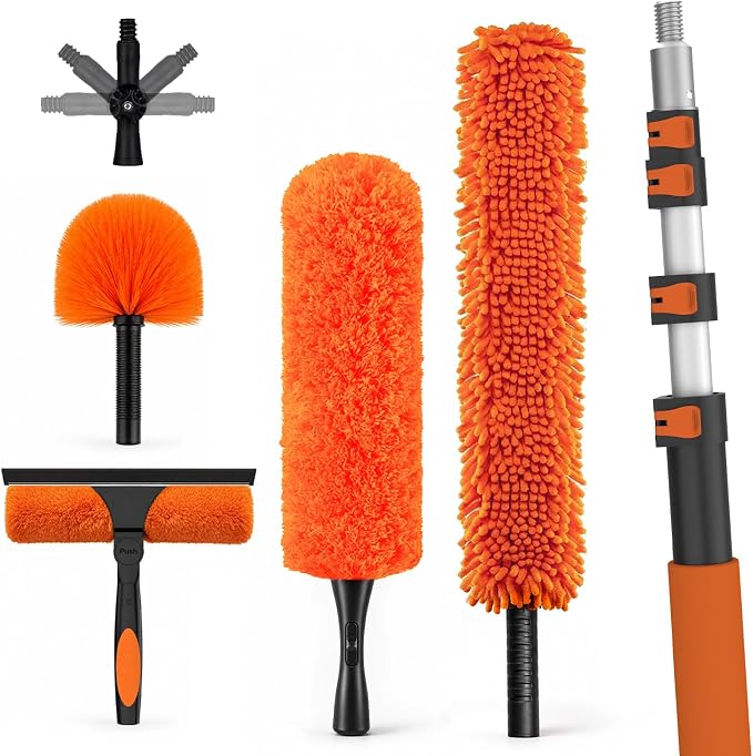 LAANPOLE 26FT High Reach Duster Cleaning Kit with Extension Pole, High Ceiling Fan Cleaner Duster Tool for Fan Blades, Window Washing Kit with Microfiber Feather Duster & Window Squeegee