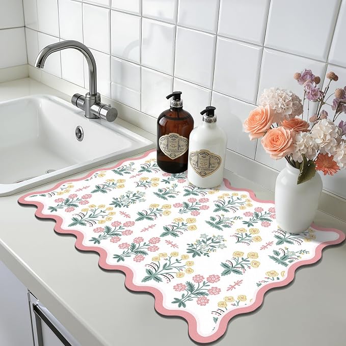 LOKHOM Scalloped Floral Dish Drying Mat, 12"x20" Super Absorbent Coffee Mat with Unique Pink Pastoral Floral, Cuttable Hide Stain Non-slip Drying Mat for Kitchen Counter Coffee Maker Espresso Machine
