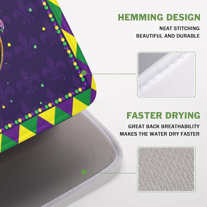 Mardi Gras Dish Drying Mat for Kitchen Counter Masquerade Mask Feather Dishes Drying Mat Microfiber Absorbent Reusable Washable Dishes Drainer Rack Mats 16x18 Inch