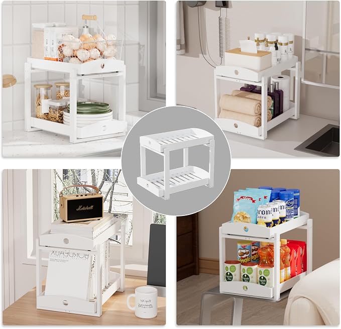 APRTAT 2 Pack Under Sink Organizer, Bamboo Wooden 2-Tier Pull-Out Storage with Sliding Drawers for Kitchen and Bathroom Cabinets, Easy Installation (White)