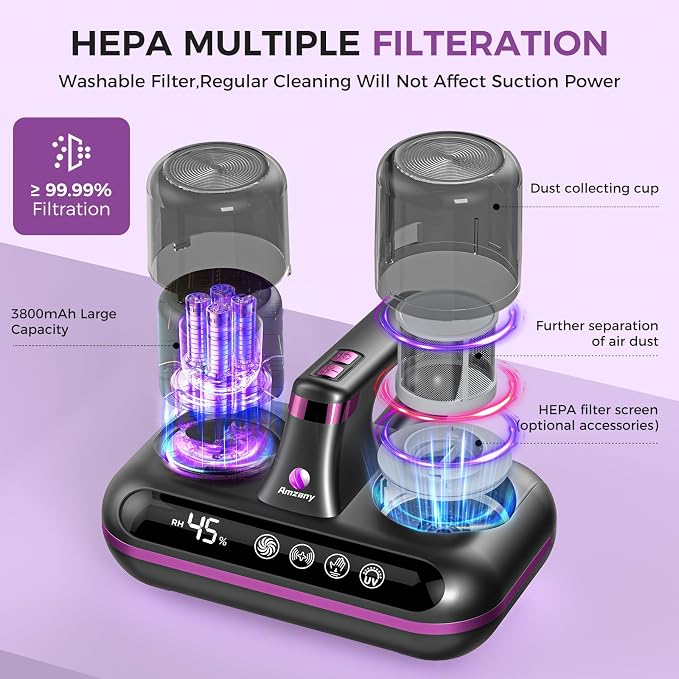 Amzany Mattress Vacuum Cleaner - 5-in-1 Cordless Bed Vacuum Cleaner, Powered by Ultrasonic Technology, 16Kpa Strong Suction,Low Noise,Suitable for Dust, Pet Hair, Etc - Gray Purple