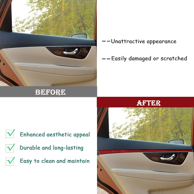 Red Real Carbon Fiber Trim for Nissan Rogue Accessories | for 2014-2020 / Rogue Sport 2017-2022 Door Panel Strip Sticker Interior Thick Overlay Decal