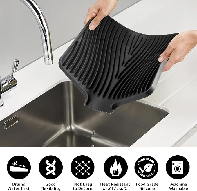 TIKNIK Silicone Dish Drying Mat for Kitchen Counter - Heat Resistant & Non-Slip Dish Drain Pad with Built-In Drain, Dishwasher Safe, Quick-Dry, Hangable & Roll-Up for Storage, Black-2pcs, 16" x 12"