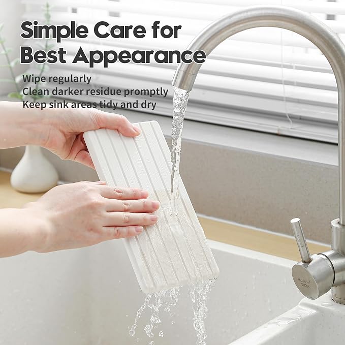 3 Pack Water Absorbent Diatomite Coasters, Stone Drying Mat for Kitchen Counter, Bathroom Sink Organizer Tray, Compact Vanity Rack, Soap Holder Caddy, Faucet Splash Guard, White 8"x3.8"