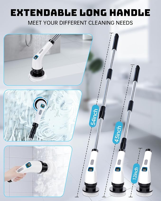 Electric Spin Scrubber for Bathroom | Shower Cleaner Brush with Long Handle | Dual Speed Cordless Power Scrubber with 7 Brushes Heads | IPX7 Waterproof Scrub Brush for Bath Tub Tile Grout Glass Tool