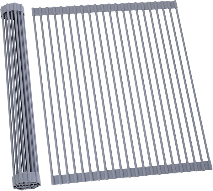 Ohuhu Sink Drying Rack, 20.5" W x 16.1" L Over The Sink Roll-Up Dish Drainer - Rolling Foldable Sink Accessories Heat-Resistant Mat Anti-Slip Silicone Coated Multipurpose for Kitchen Counter