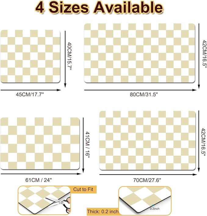 Checkered Dish Drying Mat for Kitchen, 16'' x 24'' Coffee Bar Mat for Countertops, Coffee Station Mats with Non-slip Rubber Backed, Absorbent Dish Dying Mat for Kitchen Counter, Beige & White