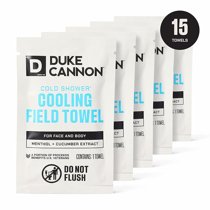 Duke Cannon Cold Shower Cooling Field Towels, 15 Count, 1 Box | Menthol, aloe and jojoba provide instant cooling and cleansing with 15 individually wrapped towels in a resealable pouch.