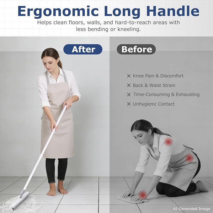 IVYROLL Grout Brush with Long Handle, Floor Cleaning Scrubber with Stiff Bristles for Tile Line, Shower, Crevice, Bathroom, Kitchen and Hard-to-Reach Corners