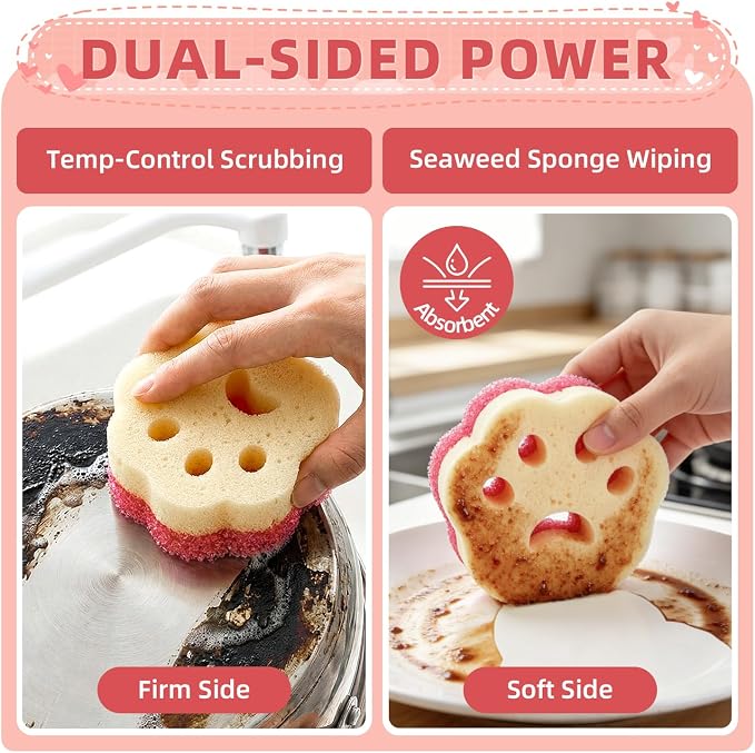 CLEANGOR 4pcs Scrub Sponges, Dual-Sided Temperature-Controlled Dish Sponges | Scratch-Free, Easy to Clean, Kitchen Cleaning Sponges for Tough Stains, Delicate Surfaces, Glassware, Cookware, Appliances