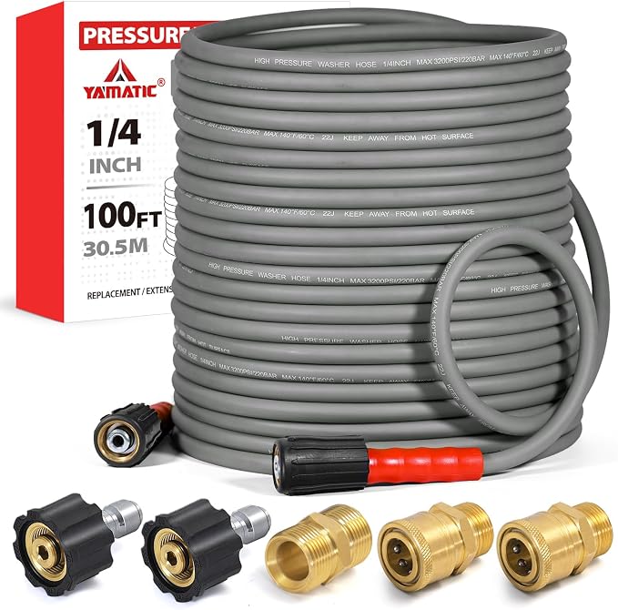YAMATIC Upgraded Flexible Pressure Washer Hose 100FT 1/4", 3200 PSI Non-Kink Replacement with M22-14mm & 3/8" Quick Connect Adapters, Extension for Gas Power Washer Troy-Bilt Ryobi Honda Craftsman