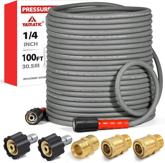 YAMATIC Upgraded Flexible Pressure Washer Hose 100FT 1/4", 3200 PSI Non-Kink Replacement with M22-14mm & 3/8" Quick Connect Adapters, Extension for Gas Power Washer Troy-Bilt Ryobi Honda Craftsman