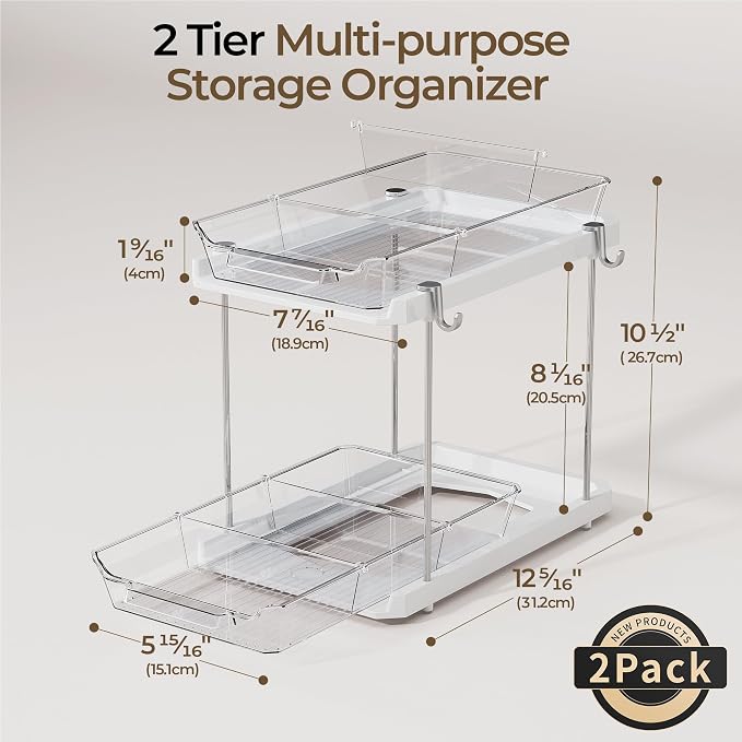 Delamu 2 Tier Under Sink Organizer Bathroom, Bathroom Cabinet Organizer with Snap-Lock Design and Hooks, Pull Out Storage with Movable Dividers, for Countertop, Kitchen and Pantry (White, 2 Pack)