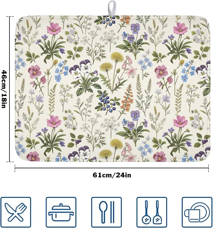 Rustic Botanical Print Floral Dish Drying Mat 18x24 Inch | Polyester，Absorbent Microfiber，for Kitchen Coffee Dining Bar Decor