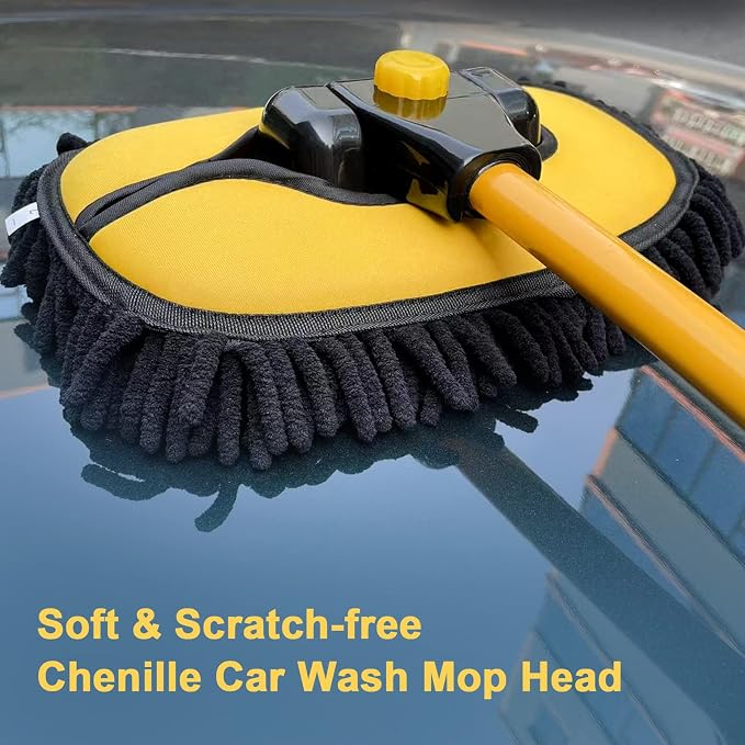YeewayVeh Car Wash Brush Mop, 55" Long Handle, 15° Curved, Yellow & Black | Extra Microfiber Mop Head, Extension Pole, Scratch-Free Auto Cleaning Kit for Truck, SUV & RV
