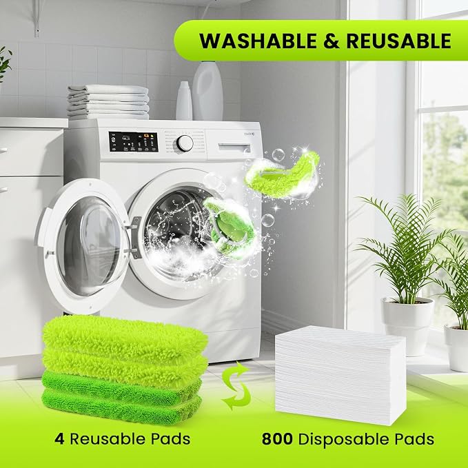 2-in-1 Reusable Microfiber Mop Pads Compatible with Swiffer Sweeper for Wet Mopping & Dry Sweeping, Two Types of Washable Heavy-Duty Mop Pad Refills for Multiple Floor Types Cleaning - 4Pcs, Green