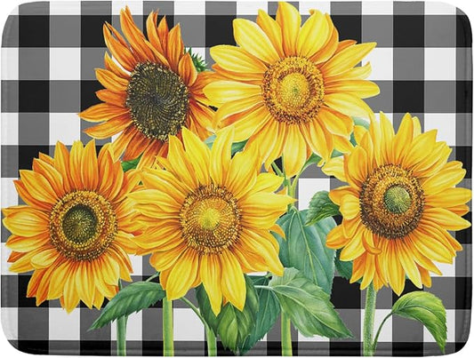 Sunflower Dish Drying Mat for Kitchen Counter Watercolor Black White Plaid Microfiber Absorbent Dish Draining Reusable Washable Foldable Extra Large 18"x24"